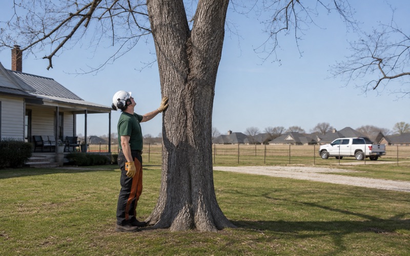 Worker at the stem of a mature white oak near Spring Hill, reading a seam of included bark in the union above him.