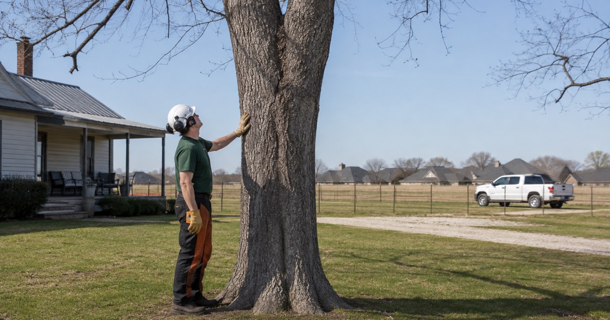 Worker at the stem of a mature white oak near Spring Hill, reading a seam of included bark in the union above him.