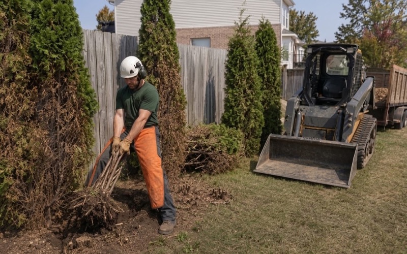 Worker pulling an arborvitae stem cluster out of a failed screen planting in Spring Hill after the tops have been taken off.