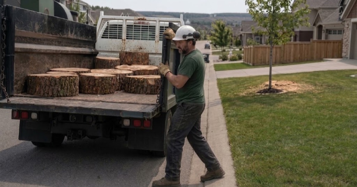 Worker at the tailboard of the crew truck at the end of a Spring Hill job, southern red oak rounds already loaded.