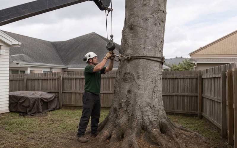 Worker drawing the crane hook block down onto the choker of an American beech section in a tight Spring Hill back yard.