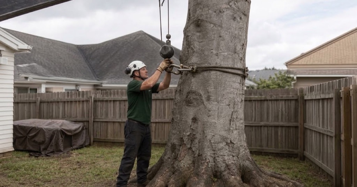 Worker drawing the crane hook block down onto the choker of an American beech section in a tight Spring Hill back yard.