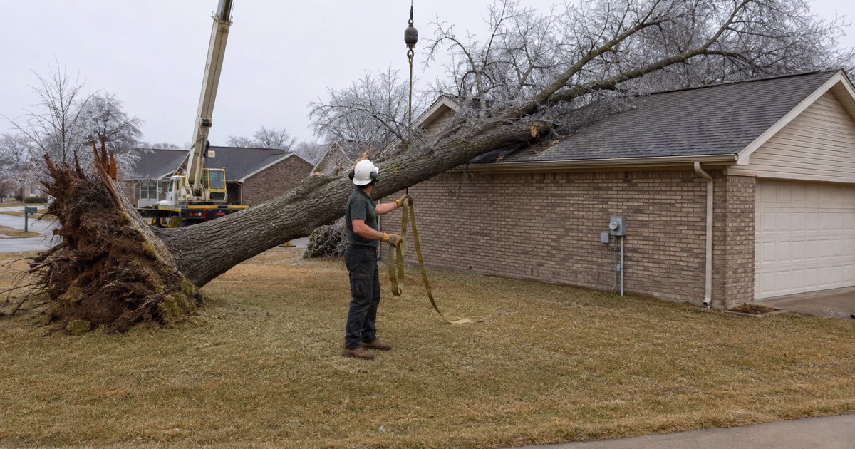 Worker passing a choker strap around a windthrown northern red oak resting on a Spring Hill garage roof, its root plate lifted clear of the lawn.