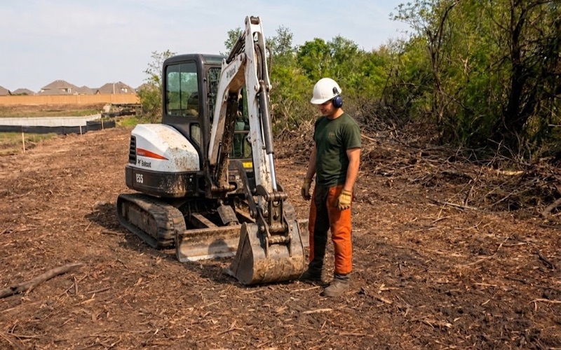 Worker swinging the parked grapple arm of a mulching machine onto a honey locust cull log at the windrow on a Spring Hill site-prep job.