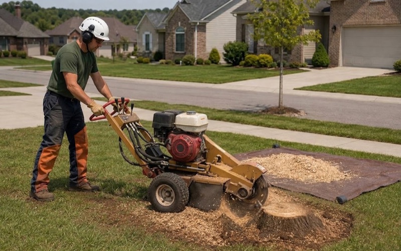 Worker sweeping a tracked grinder across the face of a Bradford pear stump in a Spring Hill front yard, chips thrown to a tarp behind.