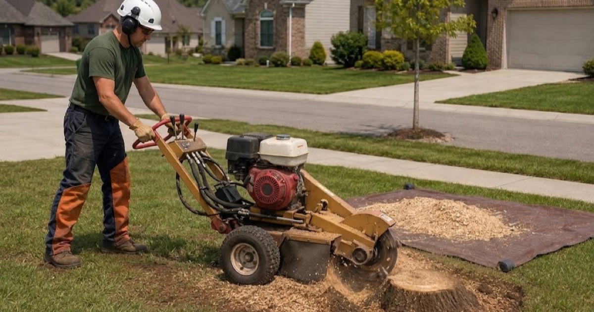 Worker sweeping a tracked grinder across the face of a Bradford pear stump in a Spring Hill front yard, chips thrown to a tarp behind.