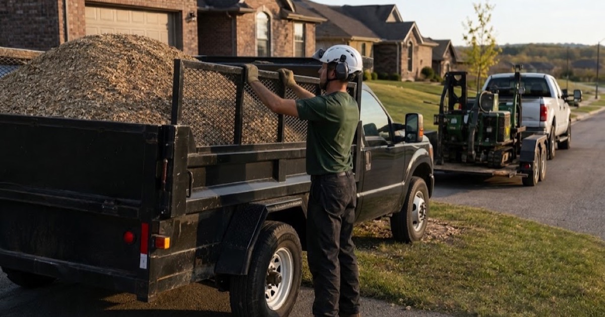 Worker closing the tailgate of a full chip box at a Spring Hill curb, the ground stump and its fresh grindings on the lawn behind him.