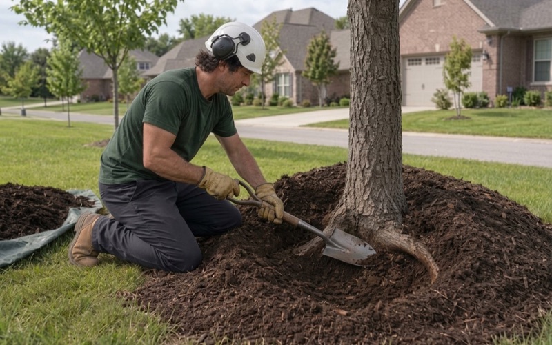 Worker drawing piled mulch back off the root flare of a declining white ash in Spring Hill, opening the root collar to the air.