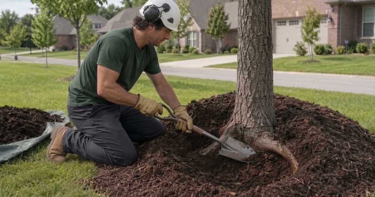 Worker drawing piled mulch back off the root flare of a declining white ash in Spring Hill, opening the root collar to the air.