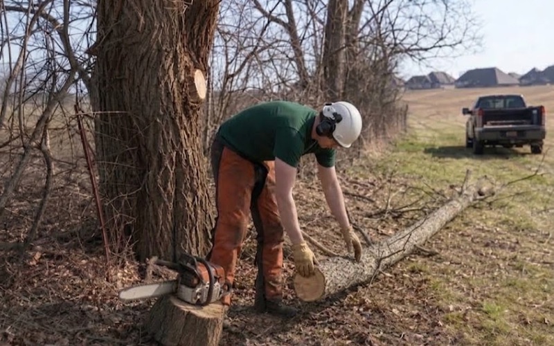 Worker rolling the cut butt of an osage orange limb stopped dead on the property line, the old wire fence grown into the trunk beside him.