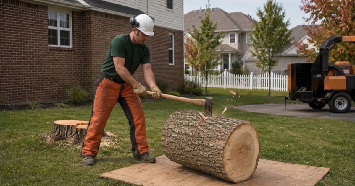 Worker rolling a shagbark hickory round clear with a cant hook in a Spring Hill back yard, the half-dismantled spar behind him.
