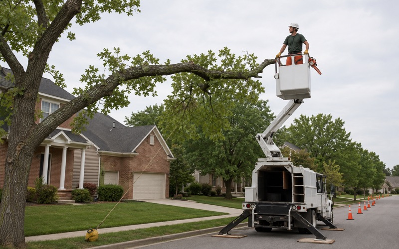 Worker in an aerial bucket sighting a reduction cut at the branch collar of a pin oak over a Spring Hill street.