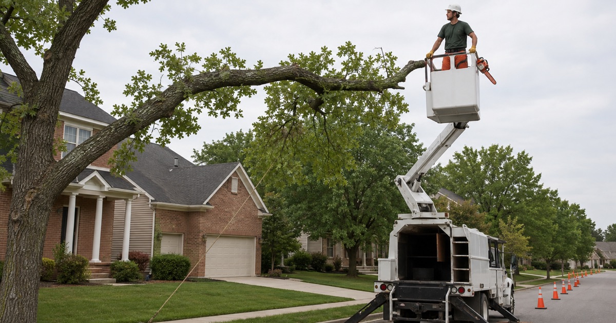 Worker in an aerial bucket sighting a reduction cut at the branch collar of a pin oak over a Spring Hill street.