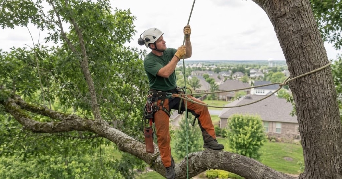 Climber on his line in the crown of a black oak over a Spring Hill back yard, tied in above the limb he is reducing.